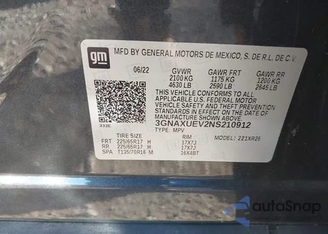 2022 Chevrolet Equinox Awd Lt из США, поврежденный, VIN 3GNAXUEV2NS210912